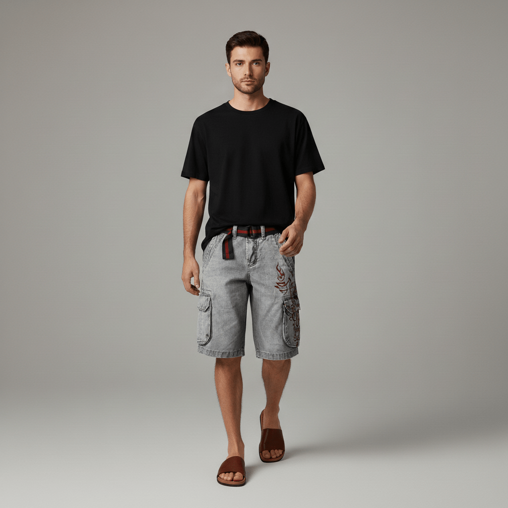 Relaxed Fit Cargo Shorts with Pockets and Adjustable Belt