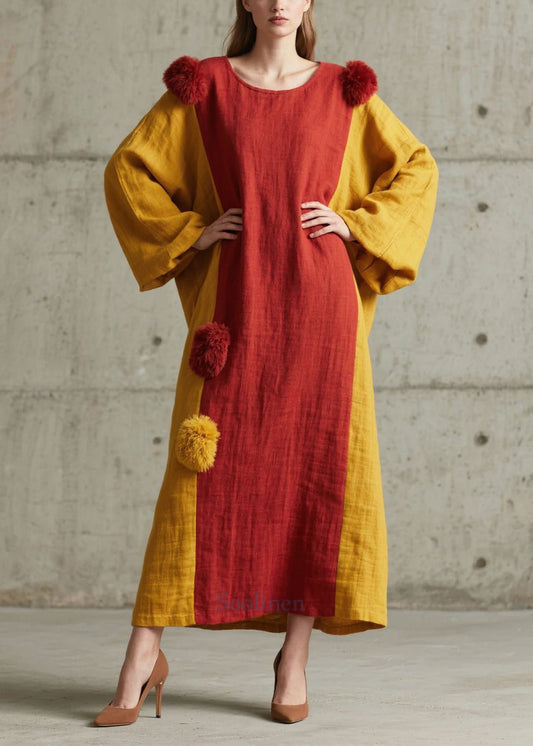 Women's Oversized Cotton Patchwork Dress Lantern Sleeves Pom Pom - OutfitLondon