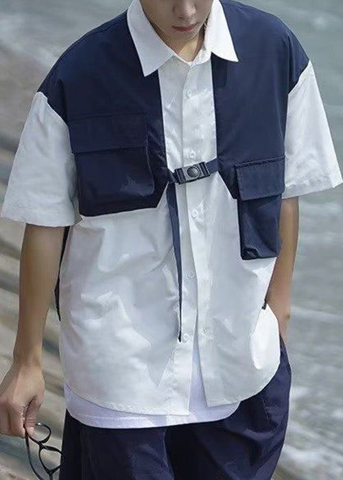 Men's Navy Cotton Short Sleeve Shirt Set Two Piece Breathable - OutfitLondon