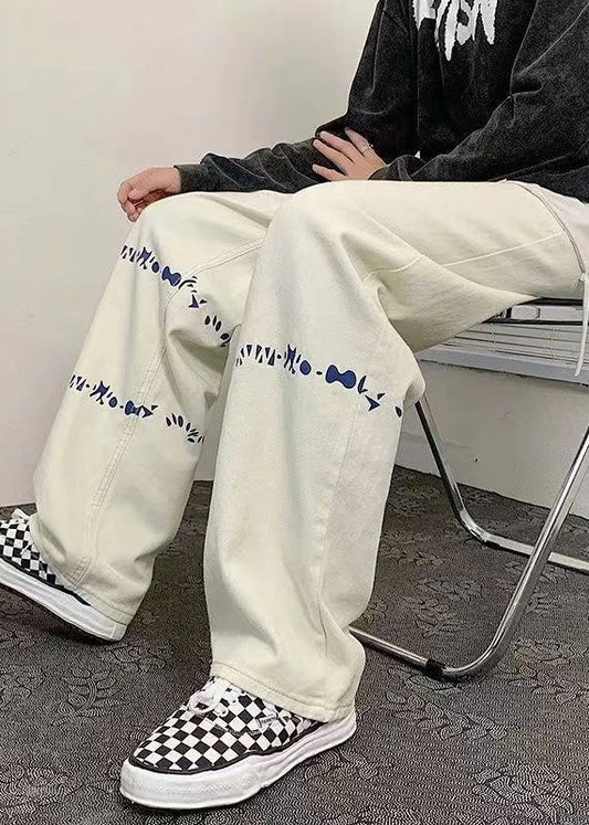 Men's Oversized White Denim Pants Printed Pattern - OutfitLondon
