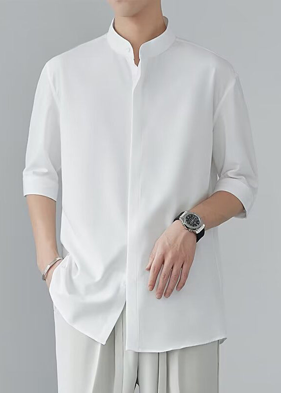 Men's Silk Half Sleeve Stand Collar Shirt Breathable Relaxed Fit - OutfitLondon