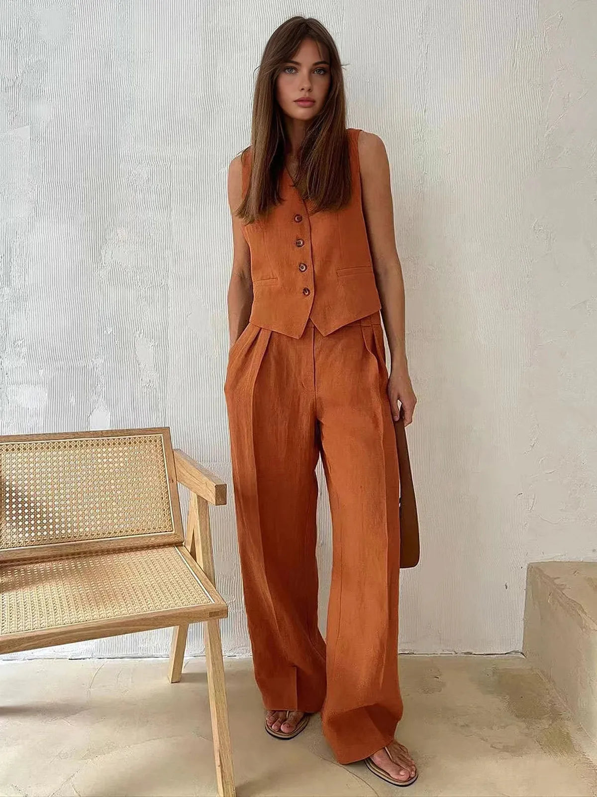 Casual Women's Linen Cotton Pants Suit - OutfitLondon