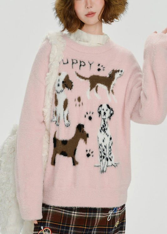 Kids Soft Pink Knit Pullover Cozy Puppy Motif - OutfitLondon