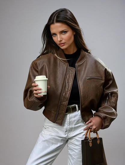 Trendy Brown Faux Leather Women's Jacket