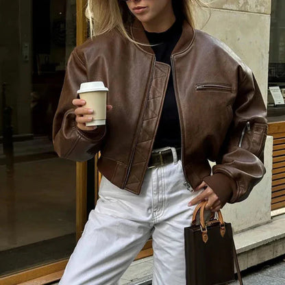Trendy Brown Faux Leather Women's Jacket