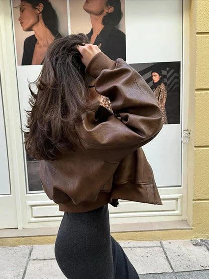 Trendy Brown Faux Leather Women's Jacket