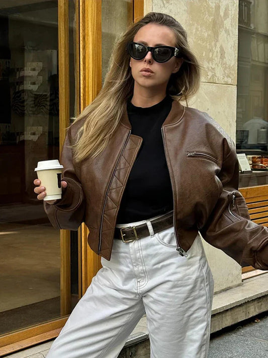 Trendy Brown Faux Leather Women's Jacket - OutfitLondon