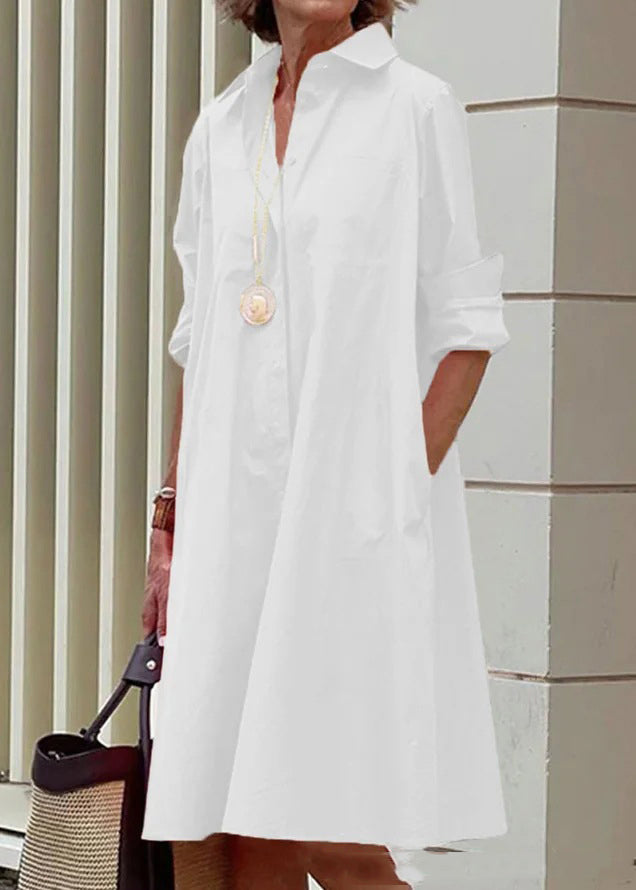 Women's Cotton Blend Shirt Dress White Peter Pan Collar Loose Fit - OutfitLondon