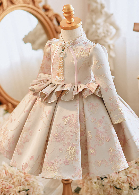Girls Embroidered Maxi Dress Apricot Ruffle Collar - OutfitLondon