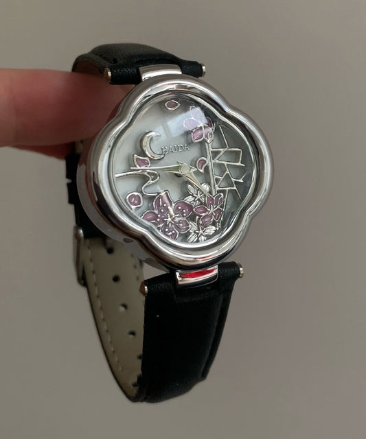 Women's Leather Crystal Watch Black Metal Hardlex Crystal - OutfitLondon