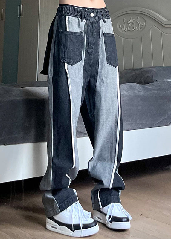 Men's Cotton Patchwork Pants Relaxed Fit Black - OutfitLondon