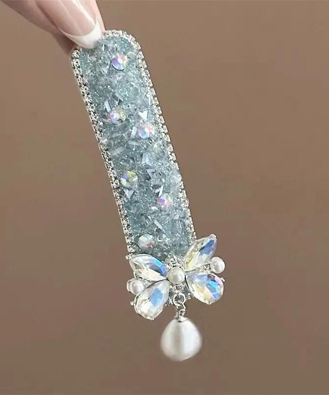 Girls Hairpin 8cm Blue Alloy Bow Pom Pom Pearl - OutfitLondon