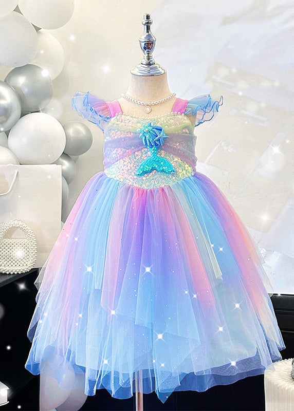 Girls Tulle Sequin Party Dress Blue Fish Motif Lightweight - OutfitLondon