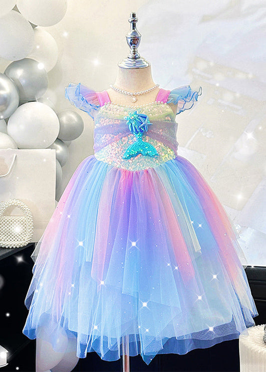Girls Tulle Sequin Party Dress Blue Fish Motif Lightweight - OutfitLondon