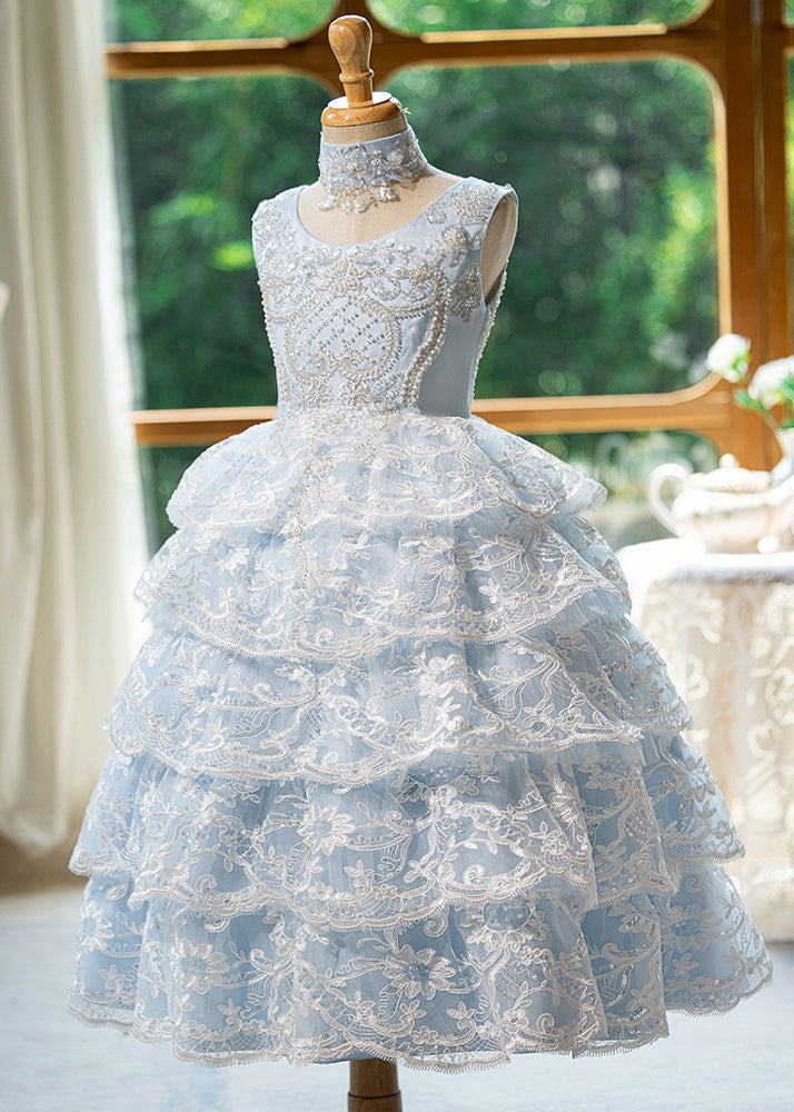 Girls Blue Tulle Maxi Dress Pearl Beads Embellished - OutfitLondon
