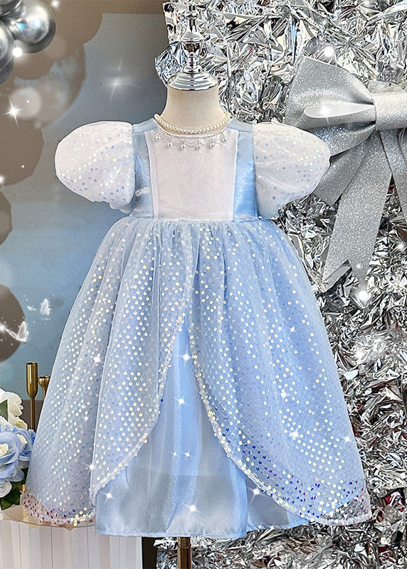 Girls Blue Sequin Tulle Dress Round Neck Puff Sleeves - OutfitLondon