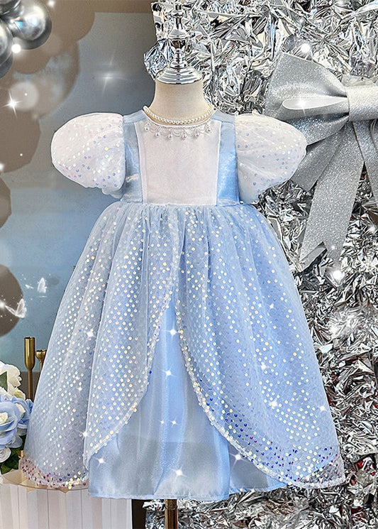 Girls Blue Sequin Tulle Dress Round Neck Puff Sleeves - OutfitLondon