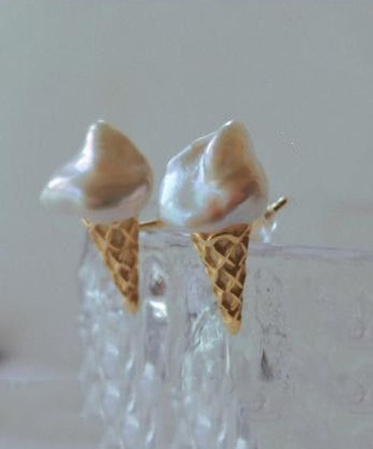 Women's Sterling Silver Pearl Stud Earrings Ice Cream Shape - OutfitLondon