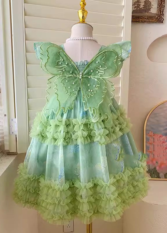 Girls Green Tulle Dress With Butterfly Back And Ruffles - OutfitLondon