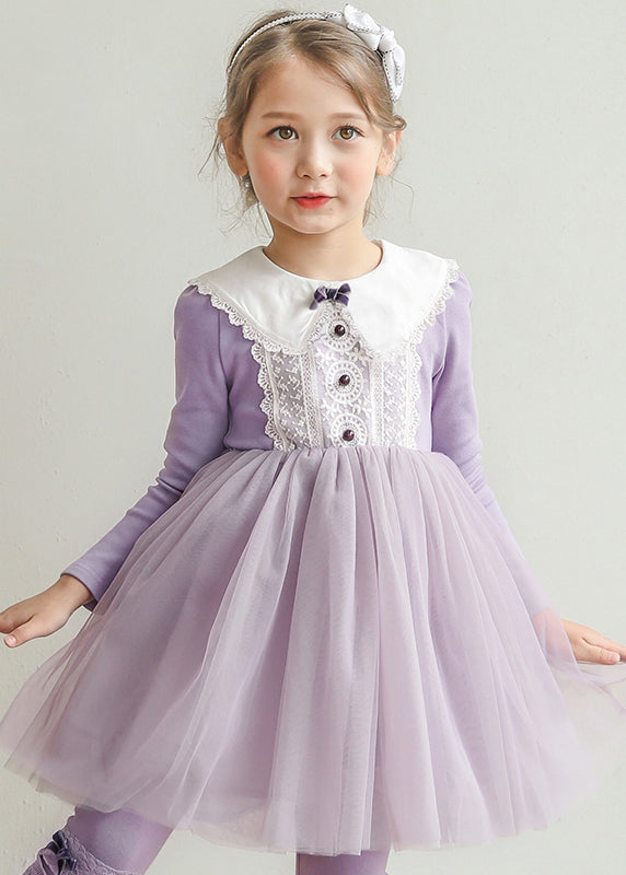 Girls Purple Midi Dress Tulle Lace Collar - OutfitLondon
