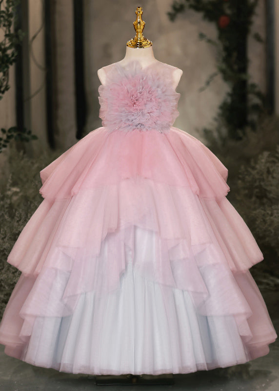 Girls Pink Floral Maxi Dress Tulle Layered Skirt - OutfitLondon