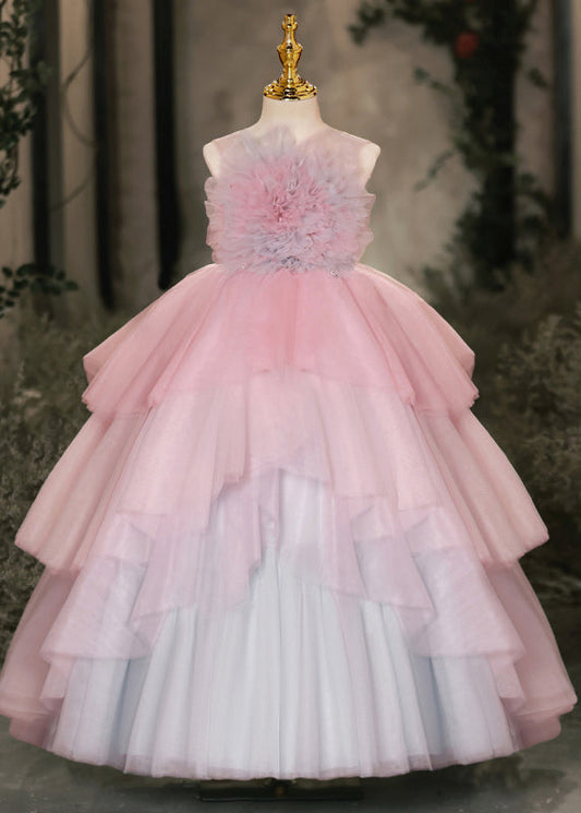 Girls Pink Floral Maxi Dress Tulle Layered Skirt - OutfitLondon