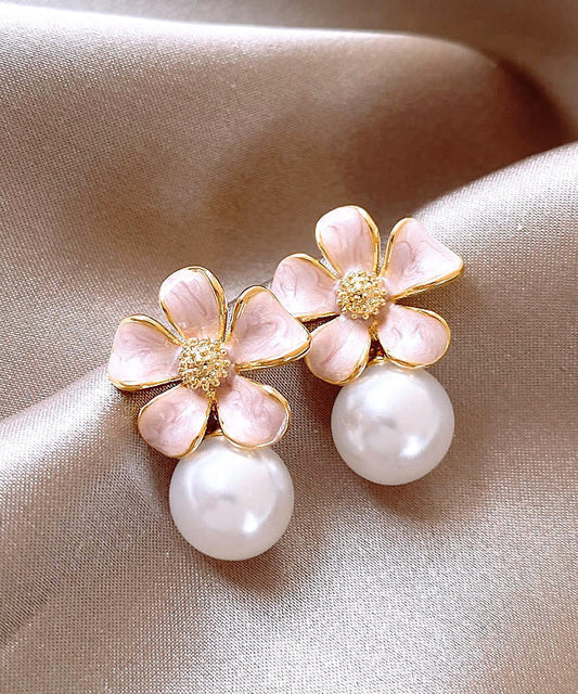 Women's Pearl Stud Earrings Pink Metal Alloy Floral - OutfitLondon