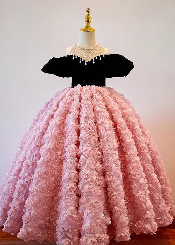 Girls Pink Tulle Long Dress Puff Sleeves Round Neck - OutfitLondon