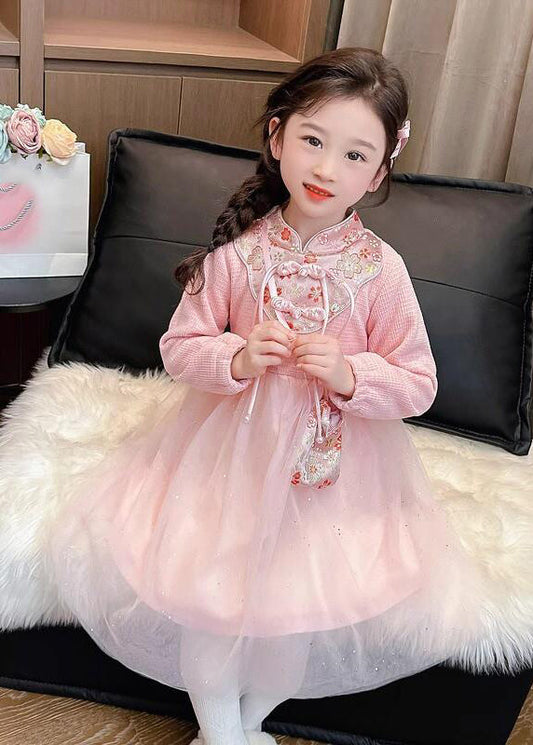 Girls Pink Embroidered Tulle Maxi Dress - OutfitLondon