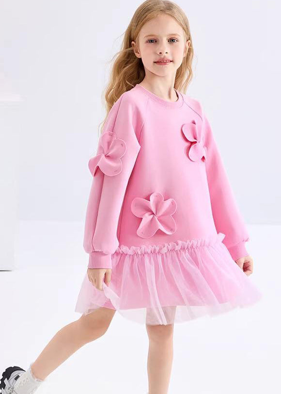 Girls Pink Floral Tulle Dress Soft Ruffles - OutfitLondon