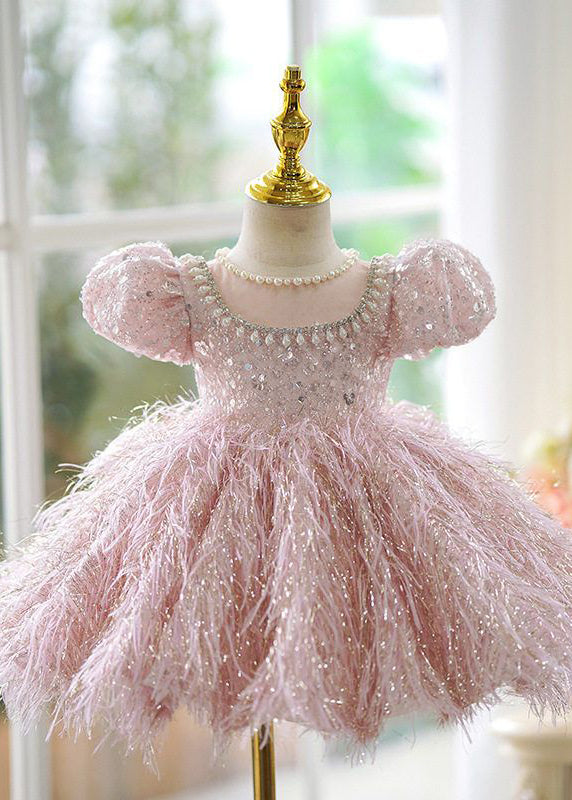 Girls Rose Pink Tulle Sequin Dress Short Sleeves Long - OutfitLondon