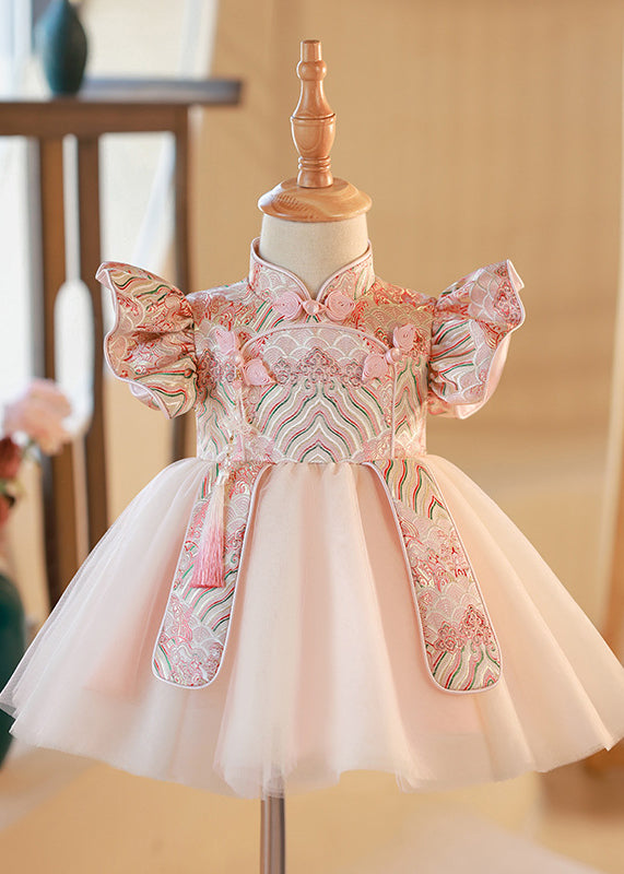 Girls Pink Long Dress Tulle Stand Collar - OutfitLondon