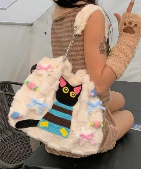 Girls Faux Fur Flap Bag Embroidered Fluffy Cat Design - OutfitLondon