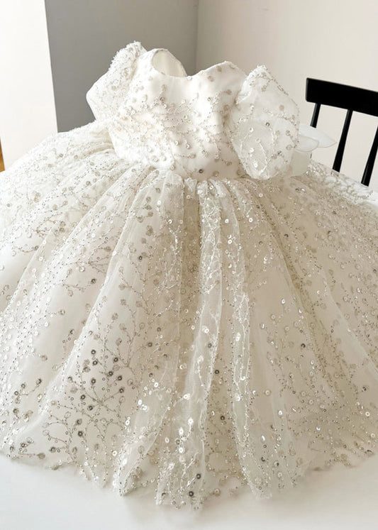 Girls White Tulle Maxi Dress Sparkle Round Neckline Layered Skirt - OutfitLondon