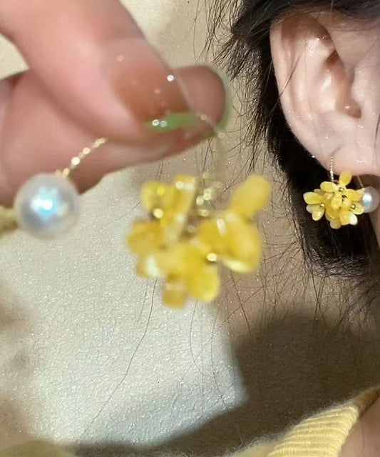 Women's Floral Acrylic Hoop Earrings Yellow Copper - OutfitLondon