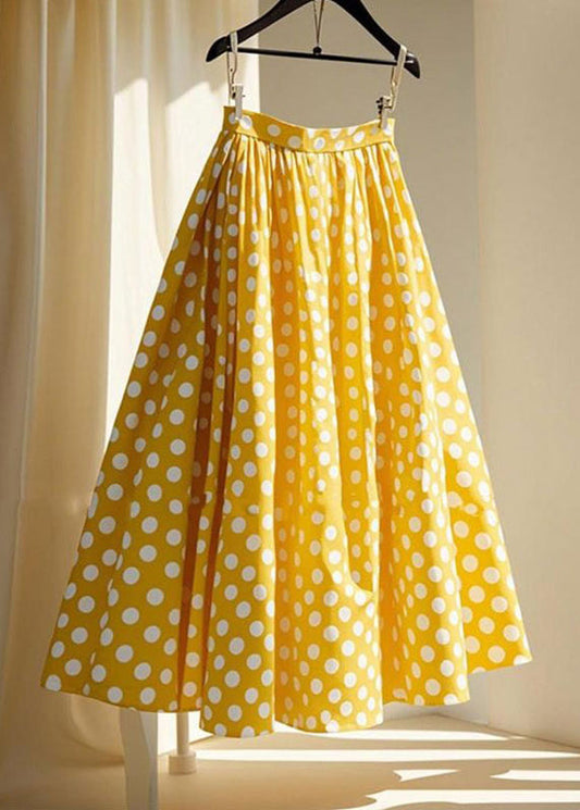 Women's Silk Crinkled Long Skirt Yellow Polka Dot - OutfitLondon