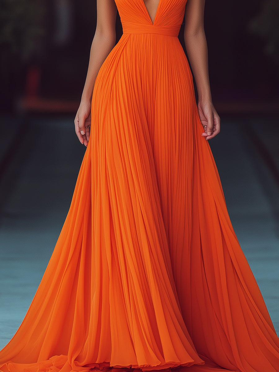 Elegant V Neck Flowy Maxi Dress