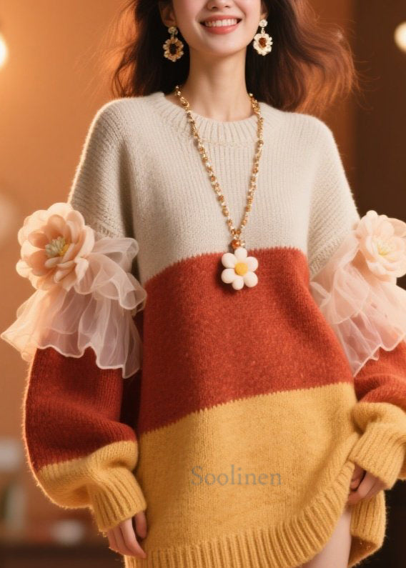 Women's Floral Knit Dress Colorblock Ruffles Winter - OutfitLondon