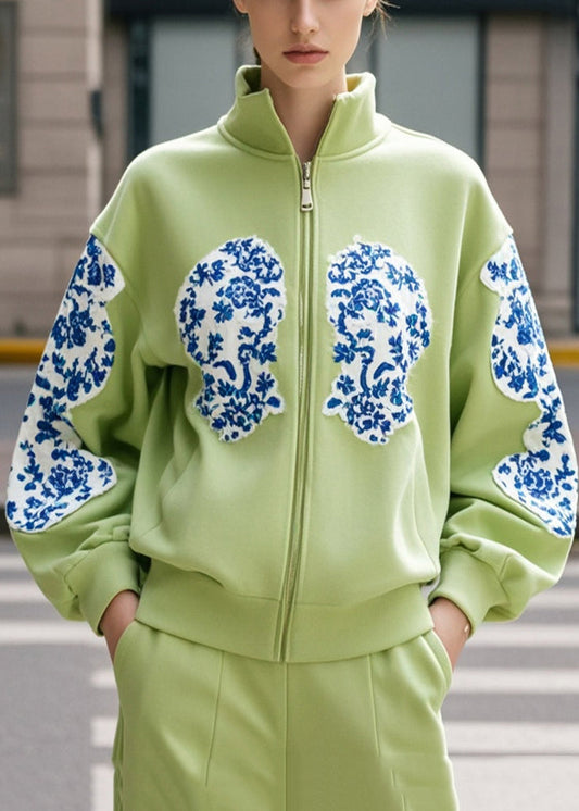 Women's Cotton Jacket Green Fruit Print Stand Collar - OutfitLondon