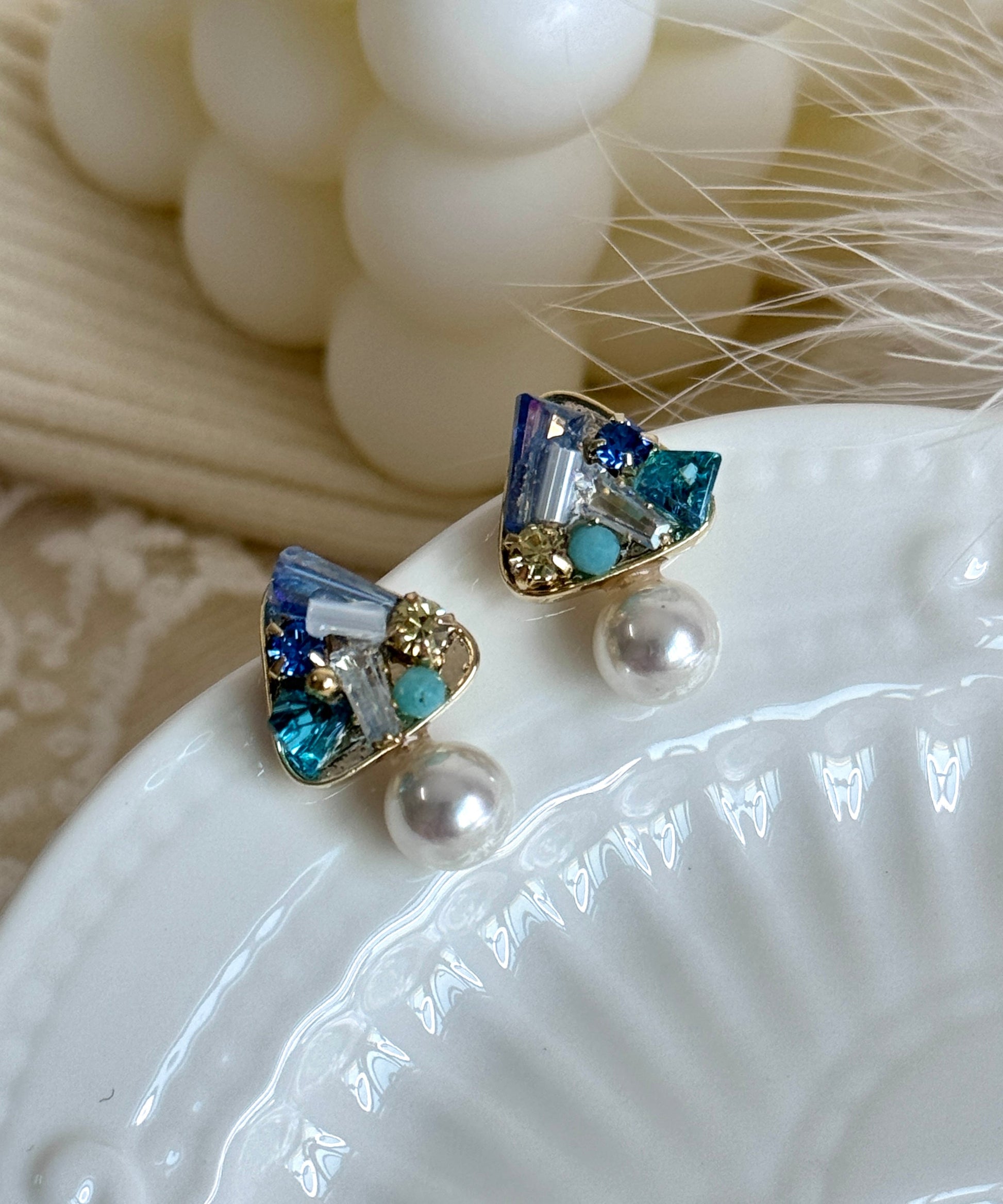 Women's Light Blue Crystal Stud Earrings Gold Plated Copper - OutfitLondon