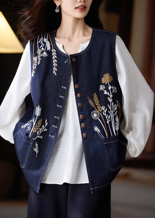 Navy Denim Embroidered Vest Oversized - OutfitLondon