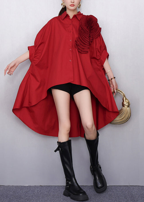 Women's Cotton Batwing Shirt Red Floral Print Asymmetrical Cut - OutfitLondon