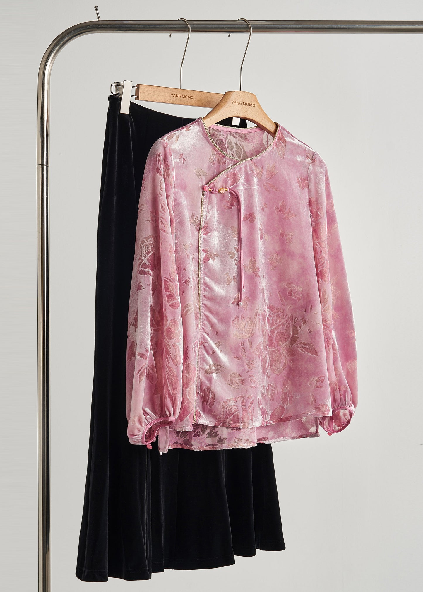 Women's Velvet Shirt Kit Silk Jacquard Pink Pom Poms - OutfitLondon