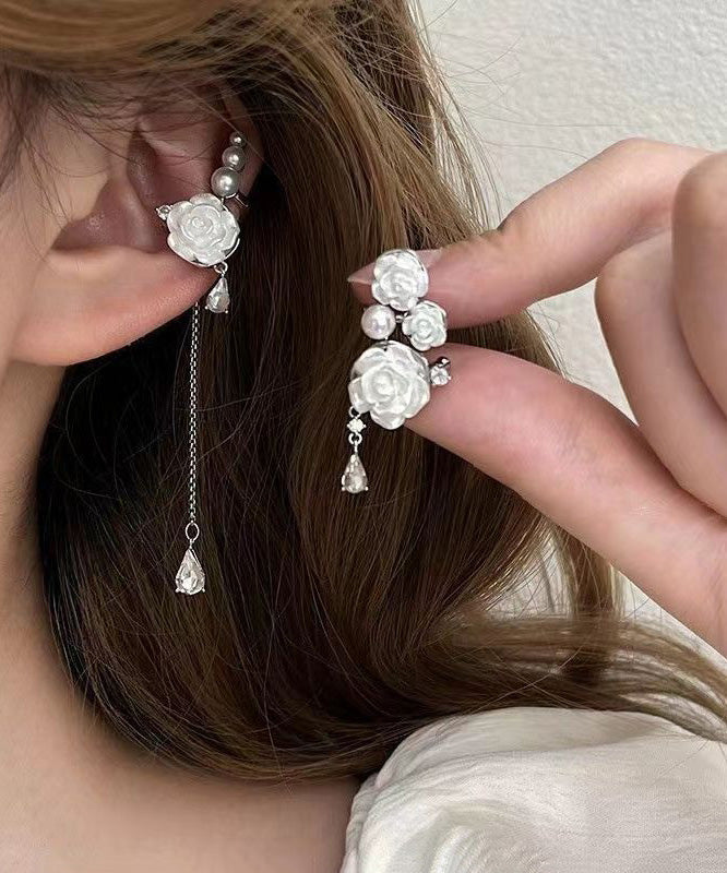 Women's Asymmetrical Copper Earrings White Zircon Pink Beads - OutfitLondon