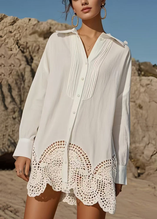 Women's Cotton Blouse White Crochet Detail Relaxed Fit - OutfitLondon