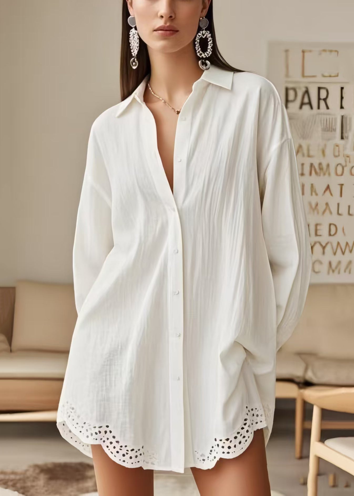 Women's Oversized Cotton Lace Shirt White Breathable - OutfitLondon