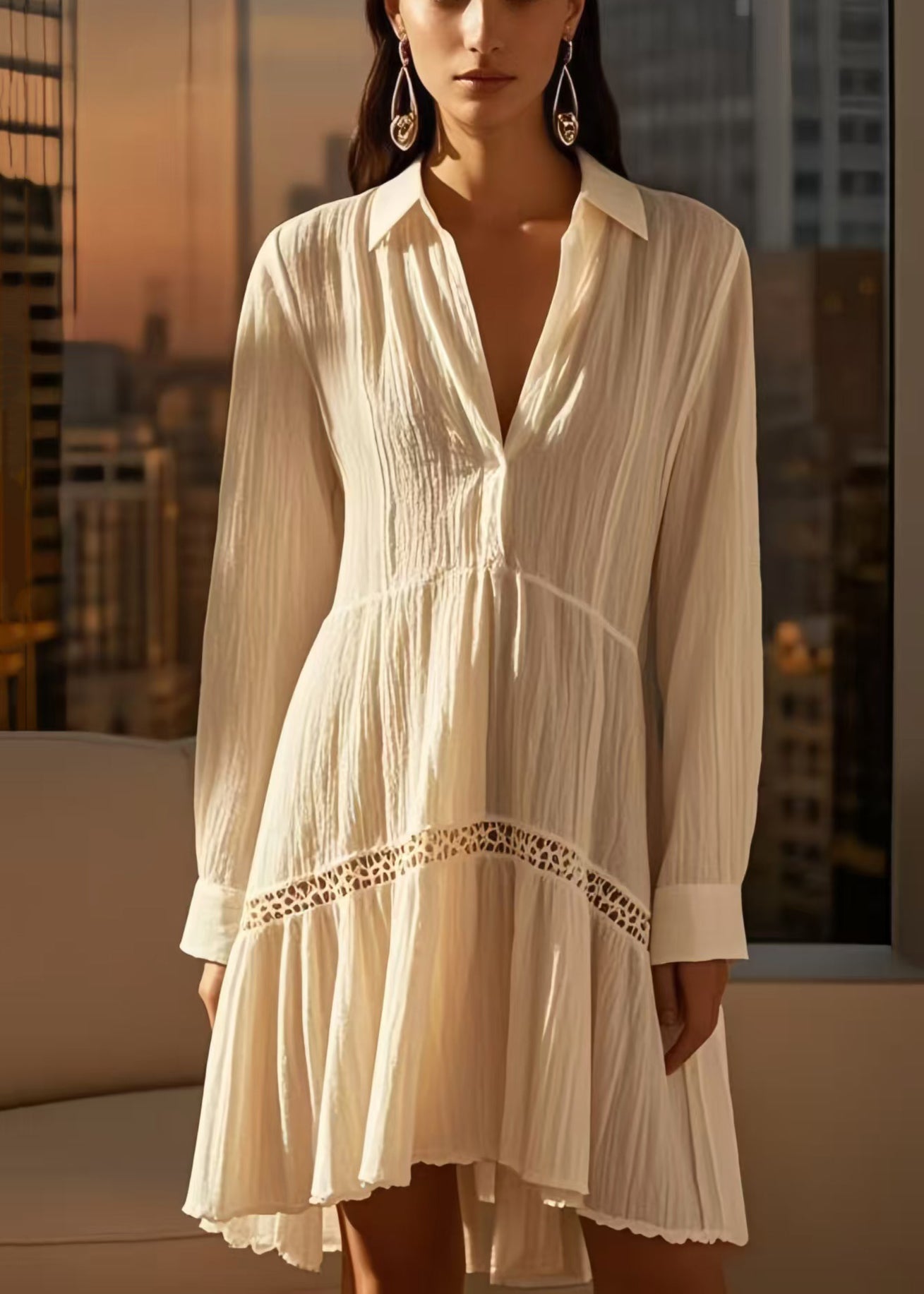 Women's White Cotton Midi Dress Breathable V Neck - OutfitLondon