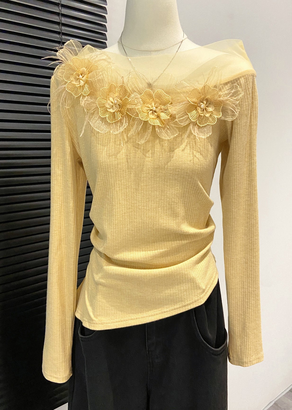 Cotton Off Shoulder Shirt Floral Pattern Yellow Easy Sew - OutfitLondon