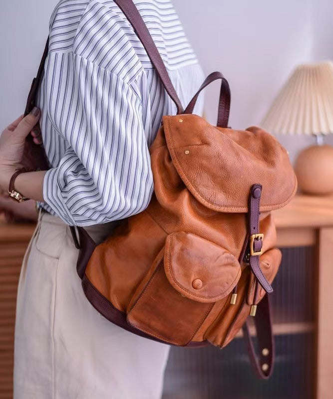 Yellow Leather Backpack Large Capacity For Students Travelers - OutfitLondon