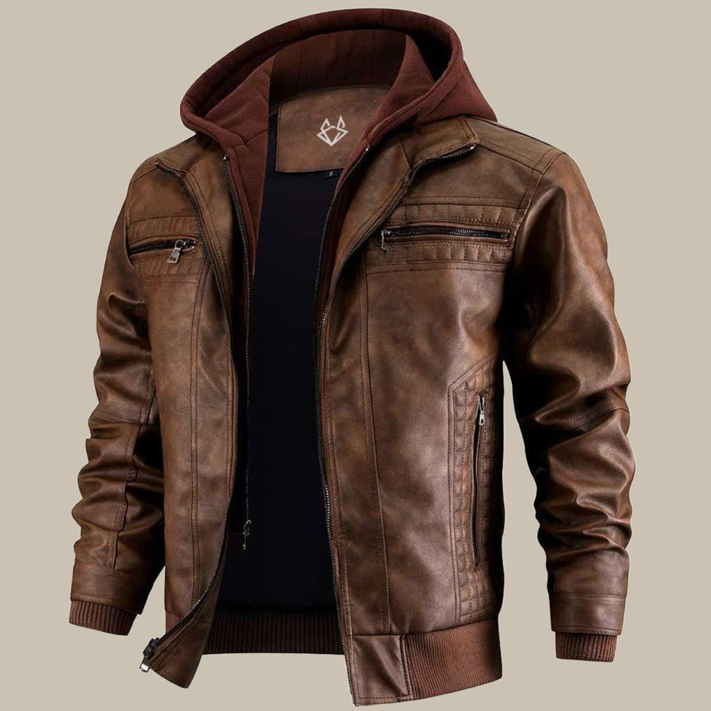 Men's Leather Style Hooded Jacket